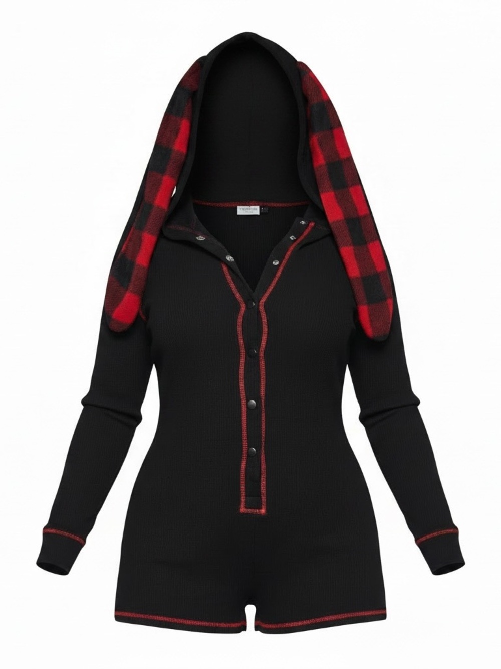 Black Onesie Romper with Red Plaid Bunny Hood Ears